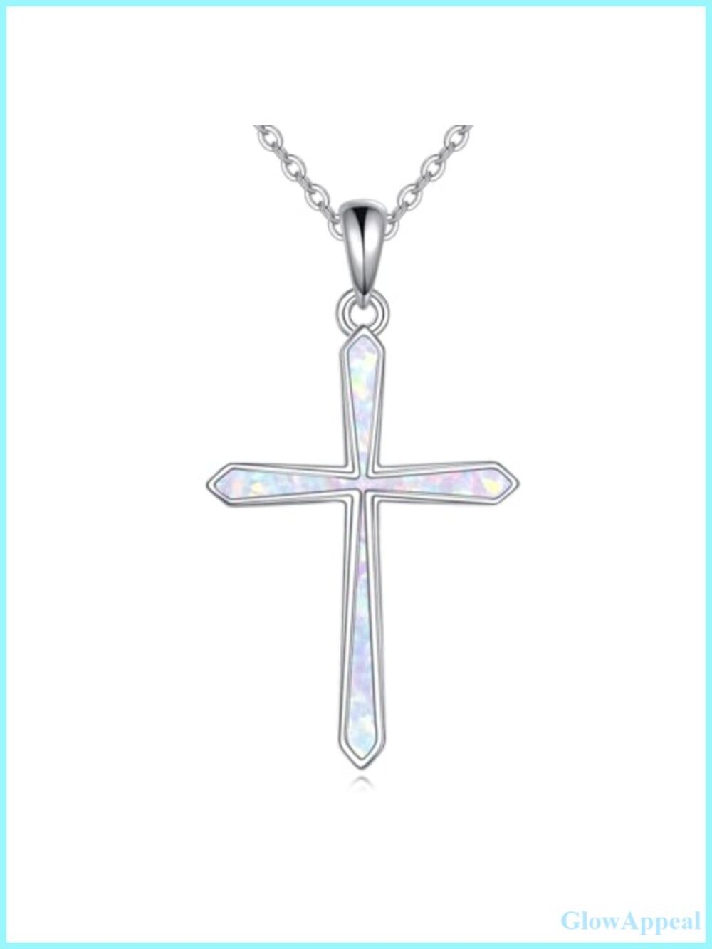 925 Sterling Silver Cross Pendant Necklace with White Opal, 22 Inch Rolo Chain